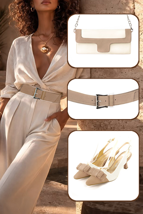 Women's tan beige and off white elegant slingback heels, with a bow on the front. Tapered toe. Medium spool heels - Worn view